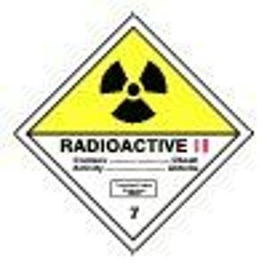 ADR č.7b - Radioaktivní látka v kusech kateg. II. (žlutý trojúhleník, černý tisk) -25×25/ fólie