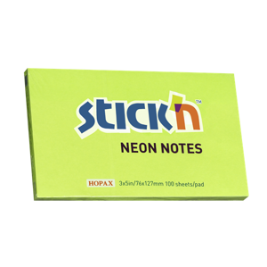 Samolepicí bloček Stick'n 76 × 127 mm, 100 lístků, neonově zelený