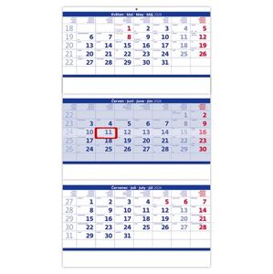 Kalendář nástěnný 2024 - Tříměsíční skládaný modrý