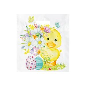 Velikonoční taška s průhmatem 29 × 32 × 8 cm, 1 ks - kachňátko s květinami a kraslicemi