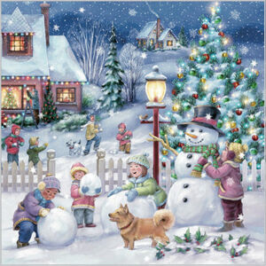 Stil Ubrousky 33 × 33 Vánoce - zimní vesnice - děti staví sněhuláka