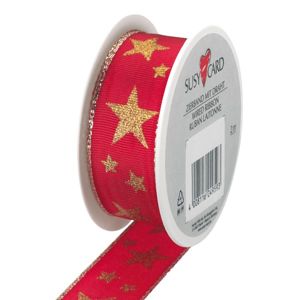 Textilní stuha 2 m × 25 mm s drátkem - červeno-zlatá/hvězdy