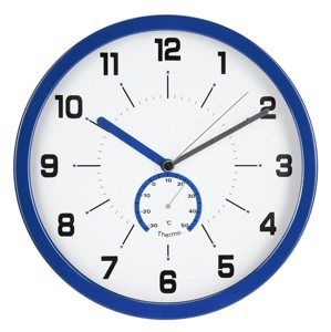 Nástěnné analogové hodiny s teploměrem, 30 cm - modrá