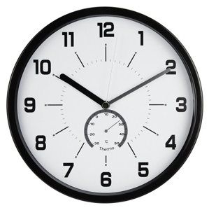 Nástěnné analogové hodiny s teploměrem, 30 cm - černá
