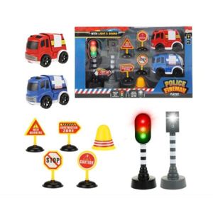 Auto 2 ks policie, hasiči + semafor, radar, značky na baterie se zvukem se světlem