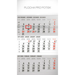 Kalendář nástěnný 2019 - 3 měsíční standard šedý – s českými jmény, 29,5 x 43 cm - neuveden